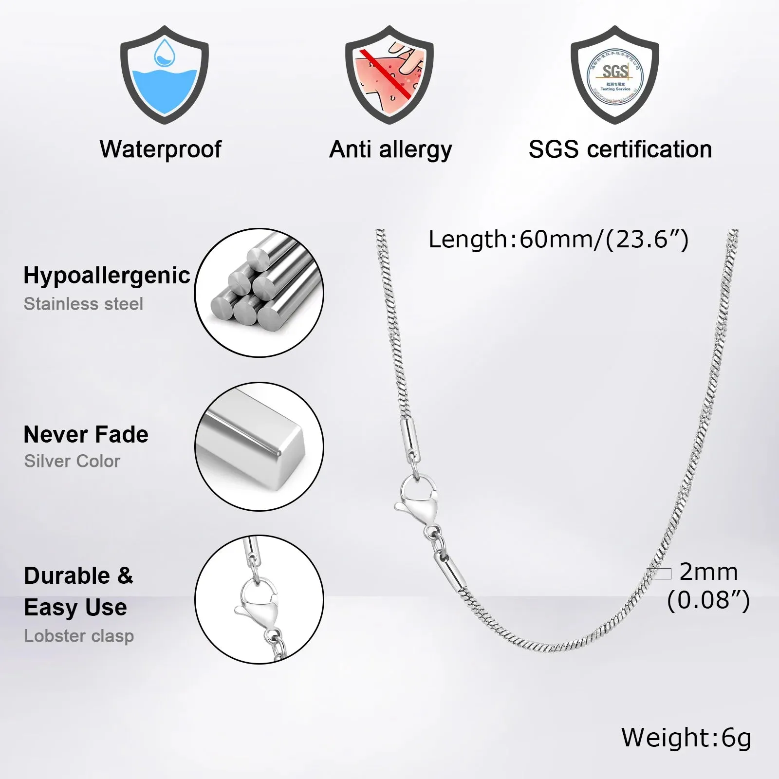 2mm Square Snake Chain Necklace for Men Boys