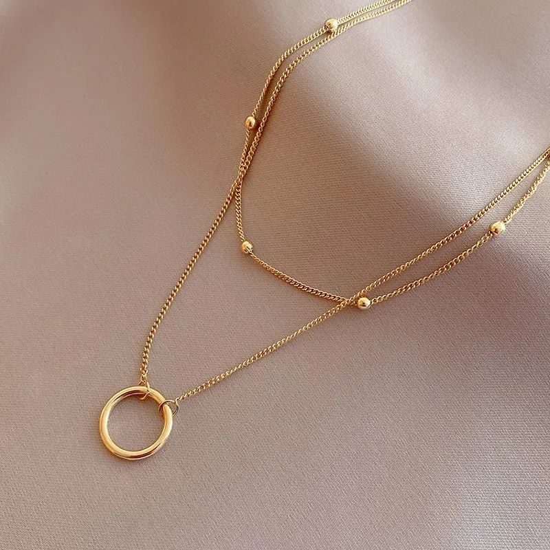 316L Stainless Steel 2 Layer Circle Pendant Necklace For Women