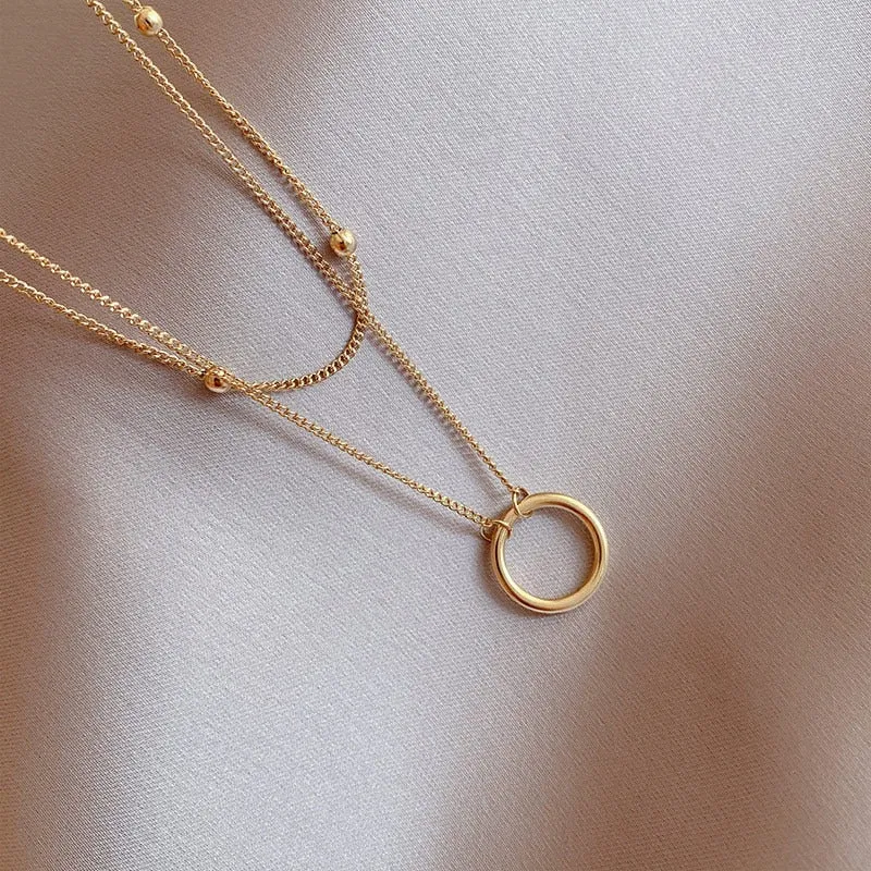 316L Stainless Steel 2 Layer Circle Pendant Necklace For Women
