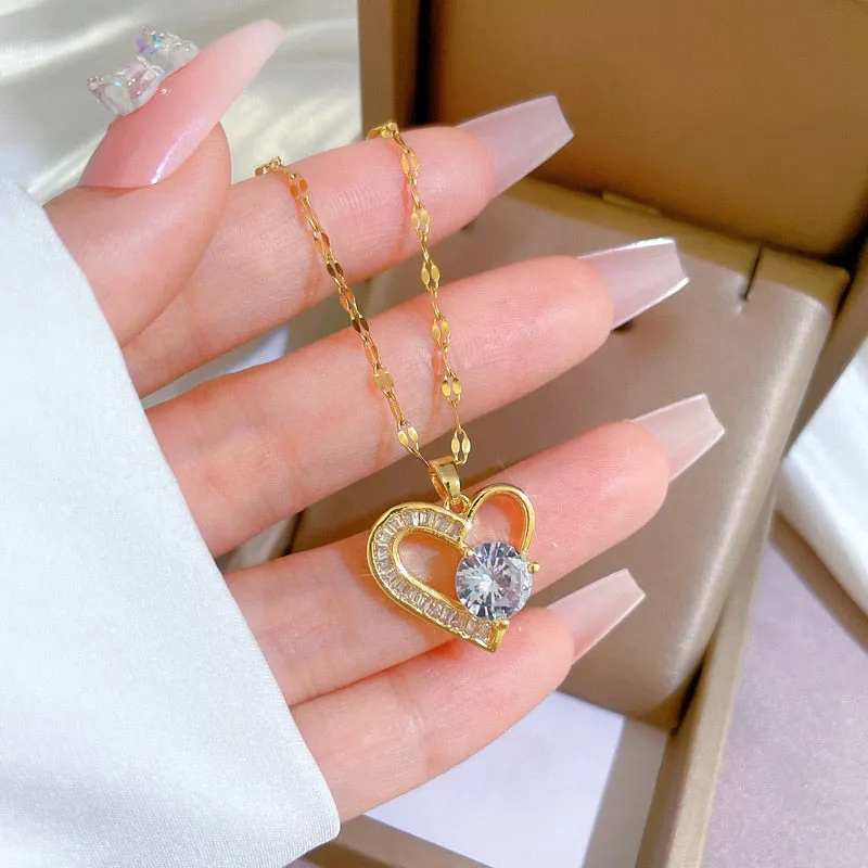 316L Stainless Steel Asymmetrical Heart Zircon Pendant Necklace For Women
