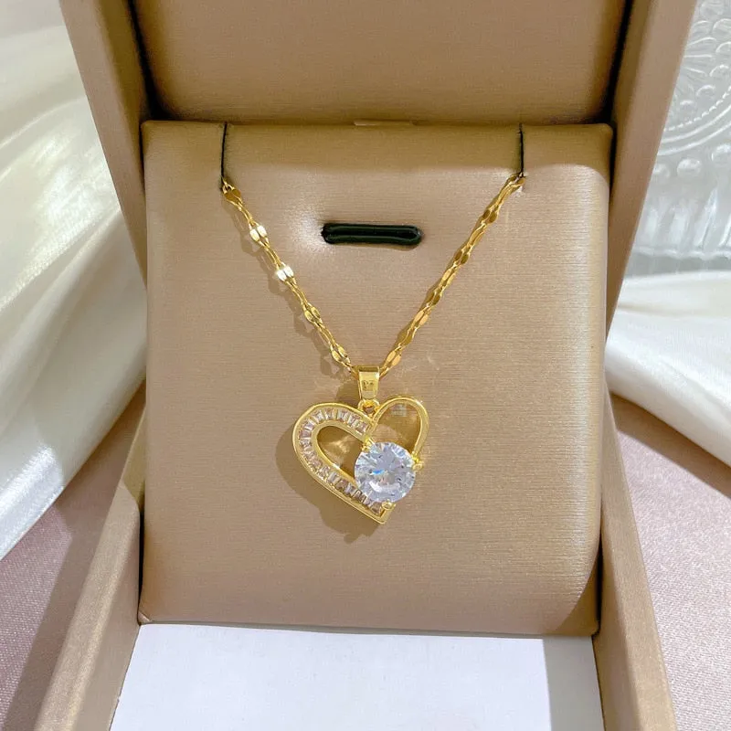 316L Stainless Steel Asymmetrical Heart Zircon Pendant Necklace For Women