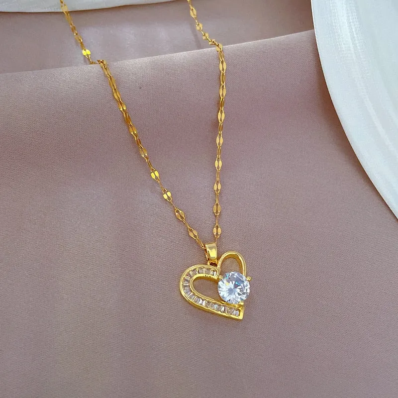 316L Stainless Steel Asymmetrical Heart Zircon Pendant Necklace For Women
