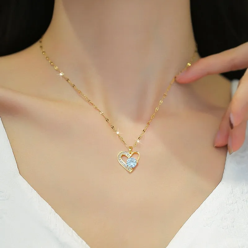 316L Stainless Steel Asymmetrical Heart Zircon Pendant Necklace For Women