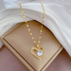 316L Stainless Steel Asymmetrical Heart Zircon Pendant Necklace For Women