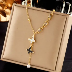 316L Stainless Steel Black White Butterfly Pearl Zircon Pendant Necklace For Women