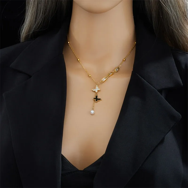 316L Stainless Steel Black White Butterfly Pearl Zircon Pendant Necklace For Women