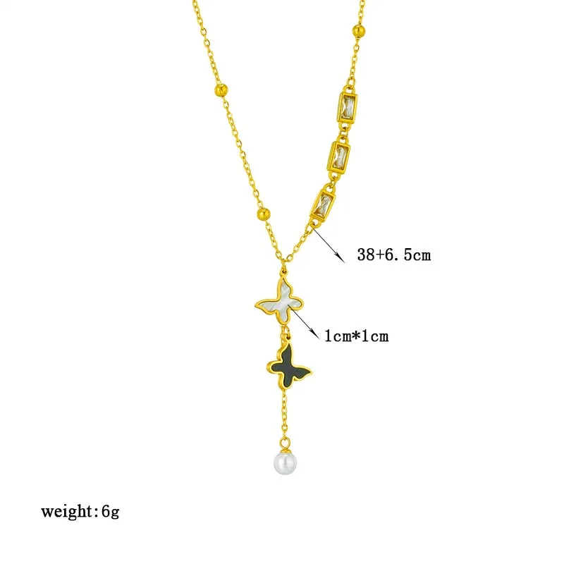 316L Stainless Steel Black White Butterfly Pearl Zircon Pendant Necklace For Women