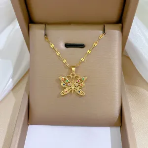 316L Stainless Steel Butterfly Colorful Stone Pendant Necklace For Women