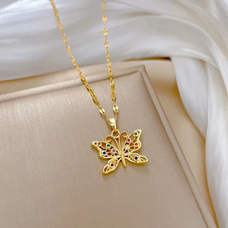 316L Stainless Steel Butterfly Colorful Stone Pendant Necklace For Women