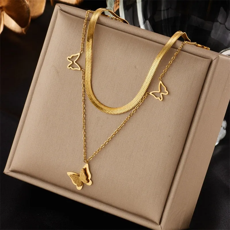 316L Stainless Steel Butterfly Necklace For Women Gold Color Ladies Pendant Chain