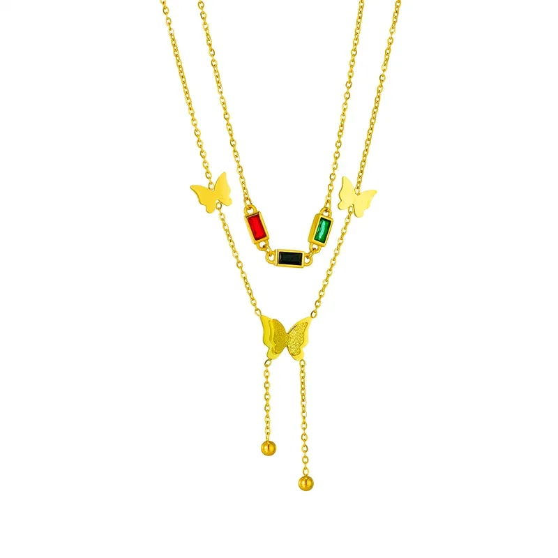 316L Stainless Steel Colorful Zircon Butterfly Long Pendant Necklace For Women