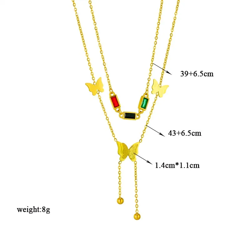 316L Stainless Steel Colorful Zircon Butterfly Long Pendant Necklace For Women