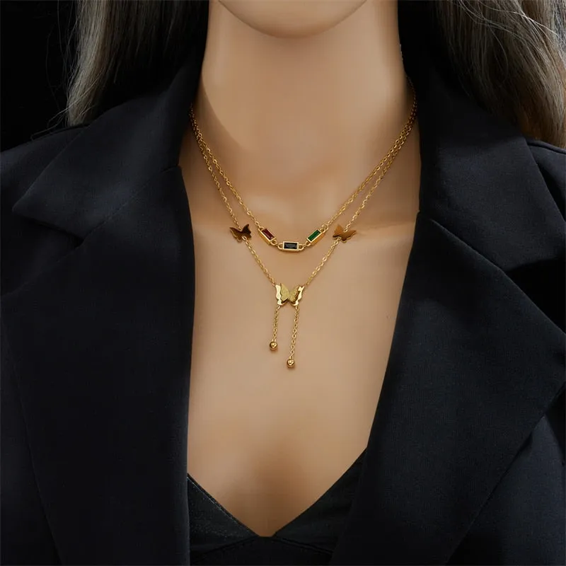 316L Stainless Steel Colorful Zircon Butterfly Long Pendant Necklace For Women
