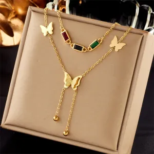 316L Stainless Steel Colorful Zircon Butterfly Long Pendant Necklace For Women