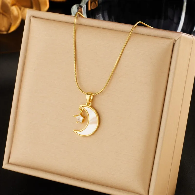 316L Stainless Steel Dragonfly Moon Heart Flowers Pendant Necklace For Women