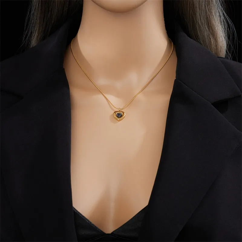 316L Stainless Steel Heart Love Black Stone Pendant Necklace For Women