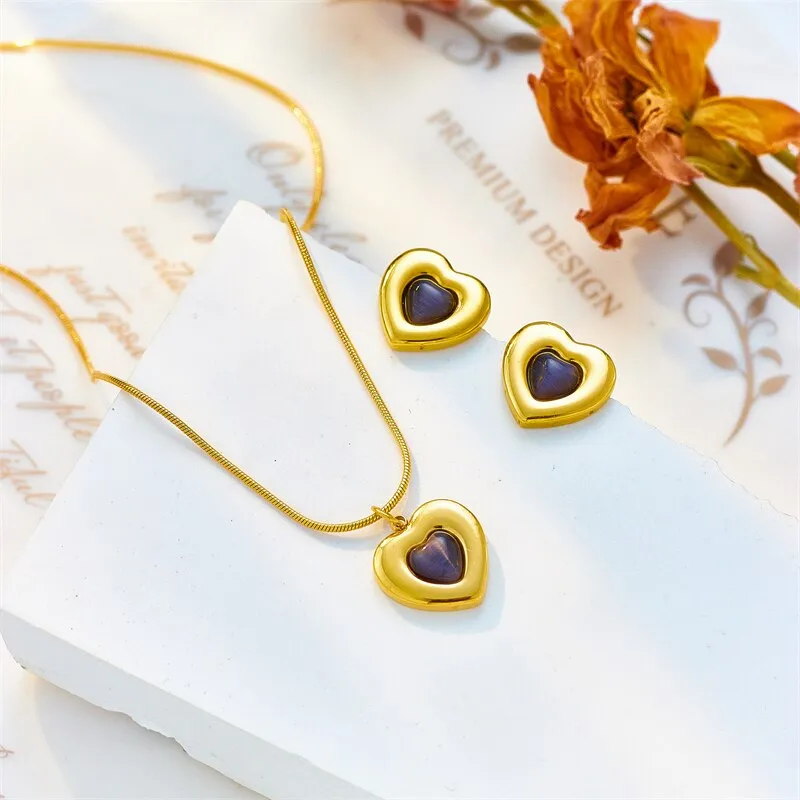 316L Stainless Steel Heart Love Black Stone Pendant Necklace For Women