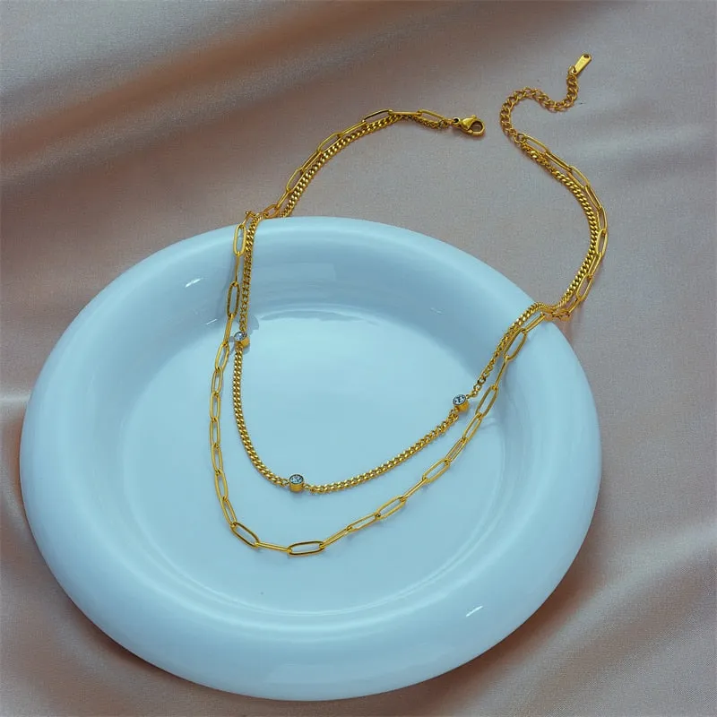 316L Stainless Steel Multilayer 2in1 Zircon Necklace For Women