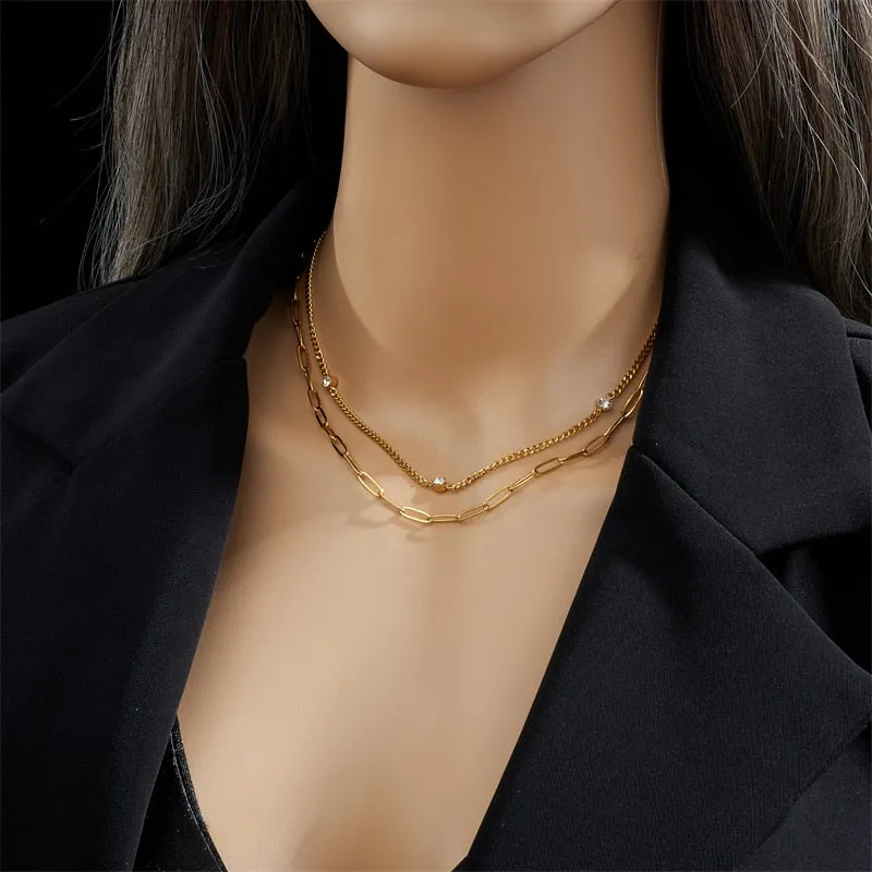 316L Stainless Steel Multilayer 2in1 Zircon Necklace For Women