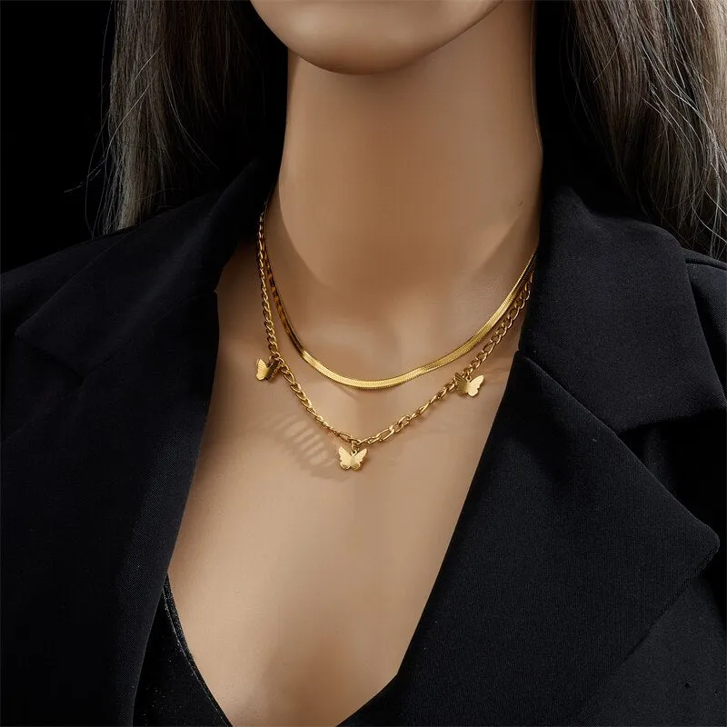 316L Stainless Steel Multilayer Butterfly Pendant Necklace For Women