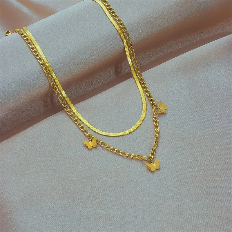 316L Stainless Steel Multilayer Butterfly Pendant Necklace For Women