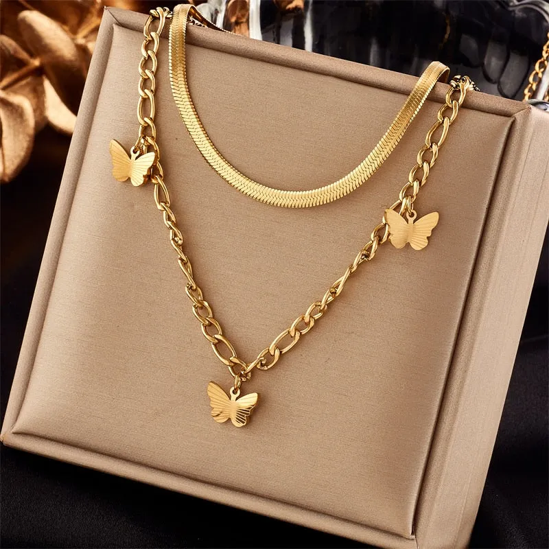 316L Stainless Steel Multilayer Butterfly Pendant Necklace For Women