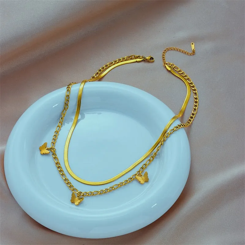 316L Stainless Steel Multilayer Butterfly Pendant Necklace For Women