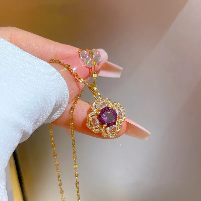 316L Stainless Steel Romantic Purple Flower Pendant Necklace For Women