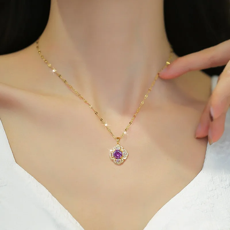 316L Stainless Steel Romantic Purple Flower Pendant Necklace For Women