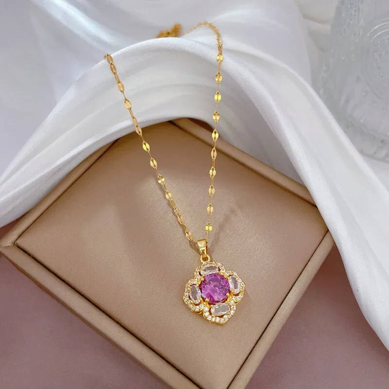 316L Stainless Steel Romantic Purple Flower Pendant Necklace For Women