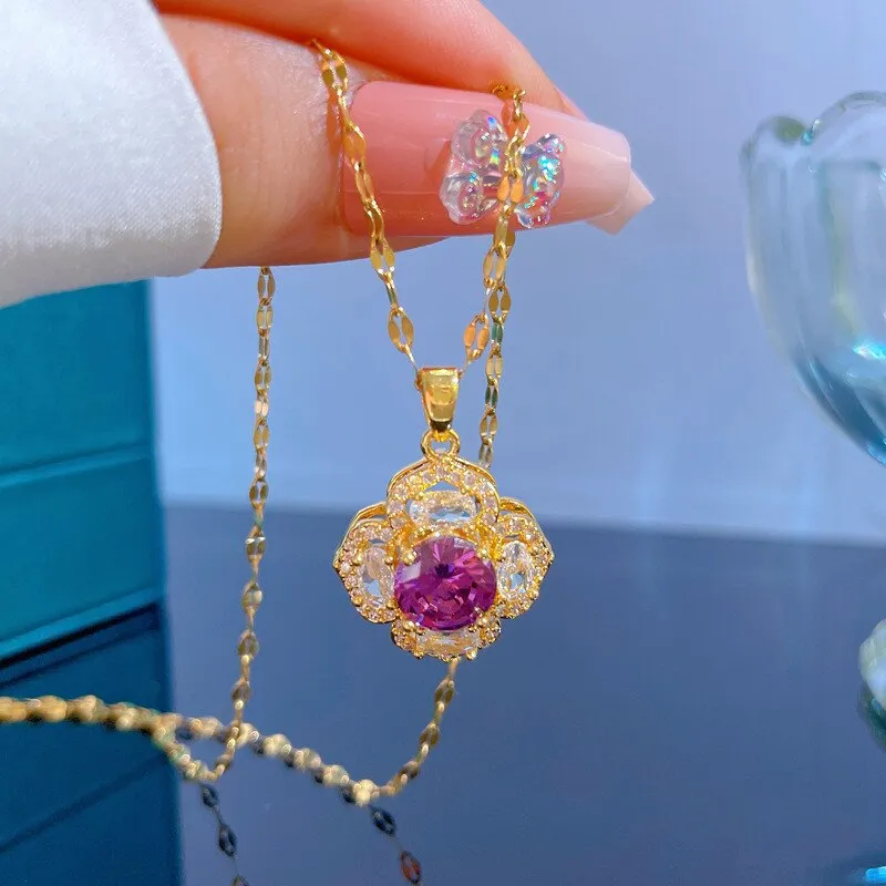 316L Stainless Steel Romantic Purple Flower Pendant Necklace For Women