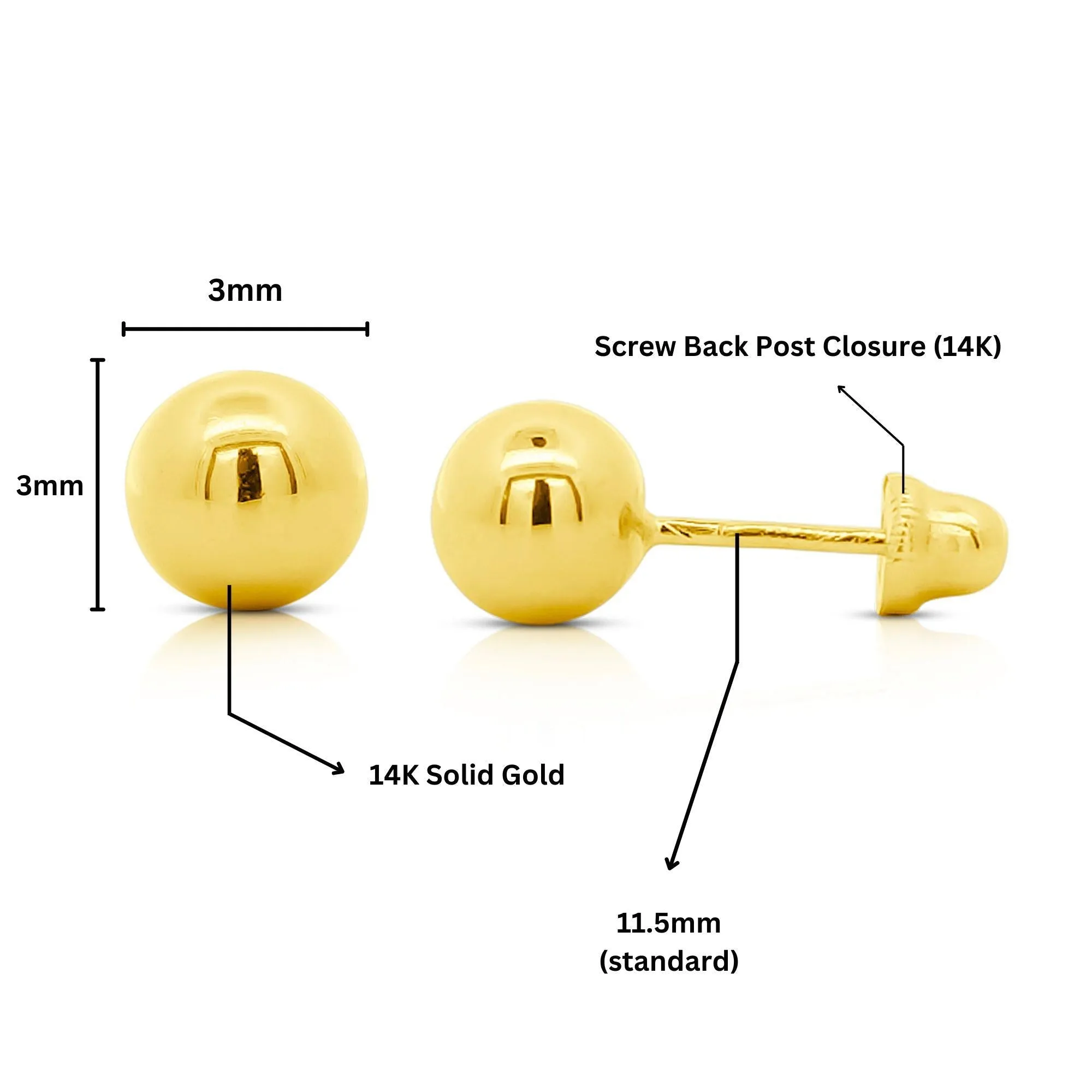 3mm Classic 14K Gold Ball Stud Earrings with Screw Backs