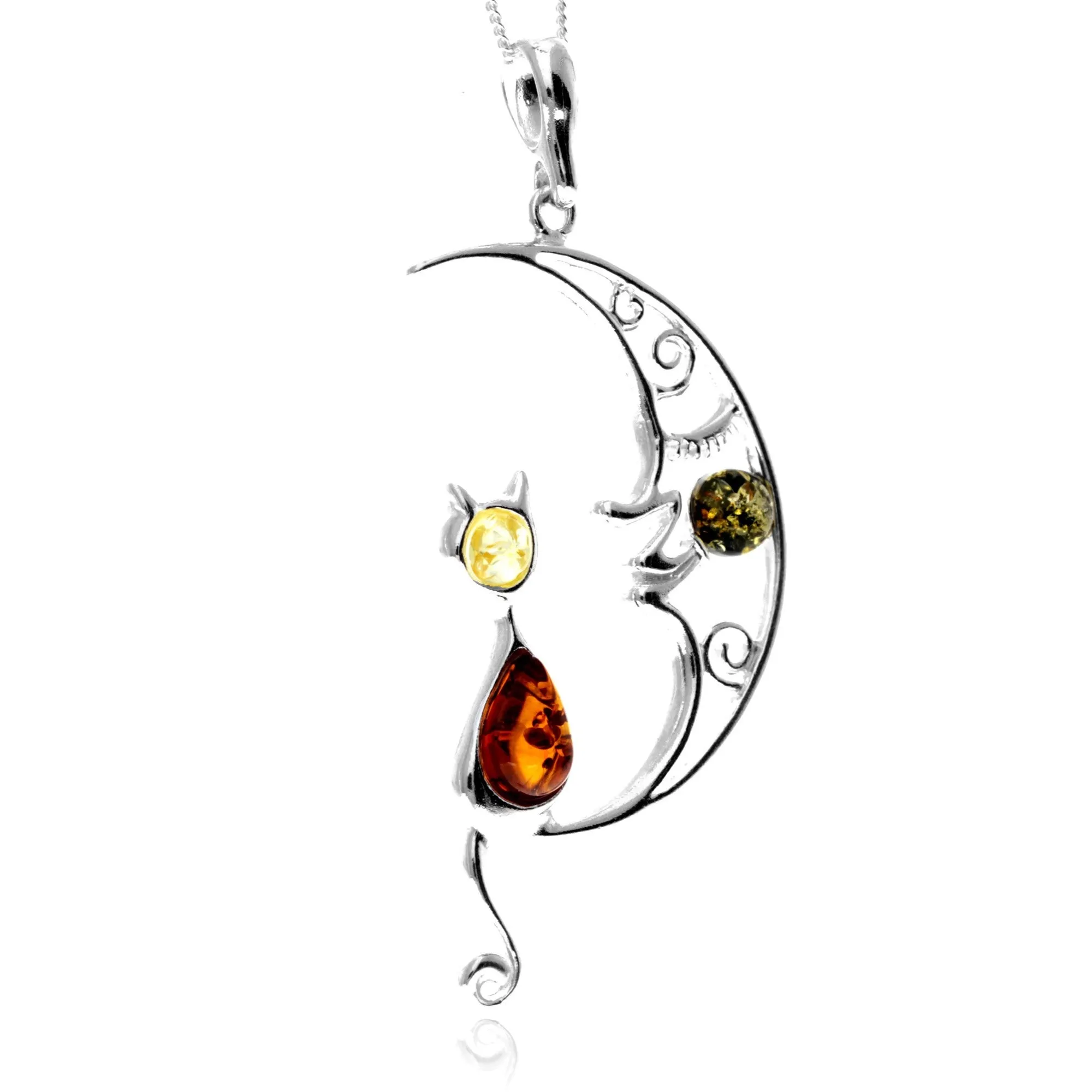 925 Sterling Silver & Genuine Baltic Amber Cat on the Moon Large Pendant - AP14