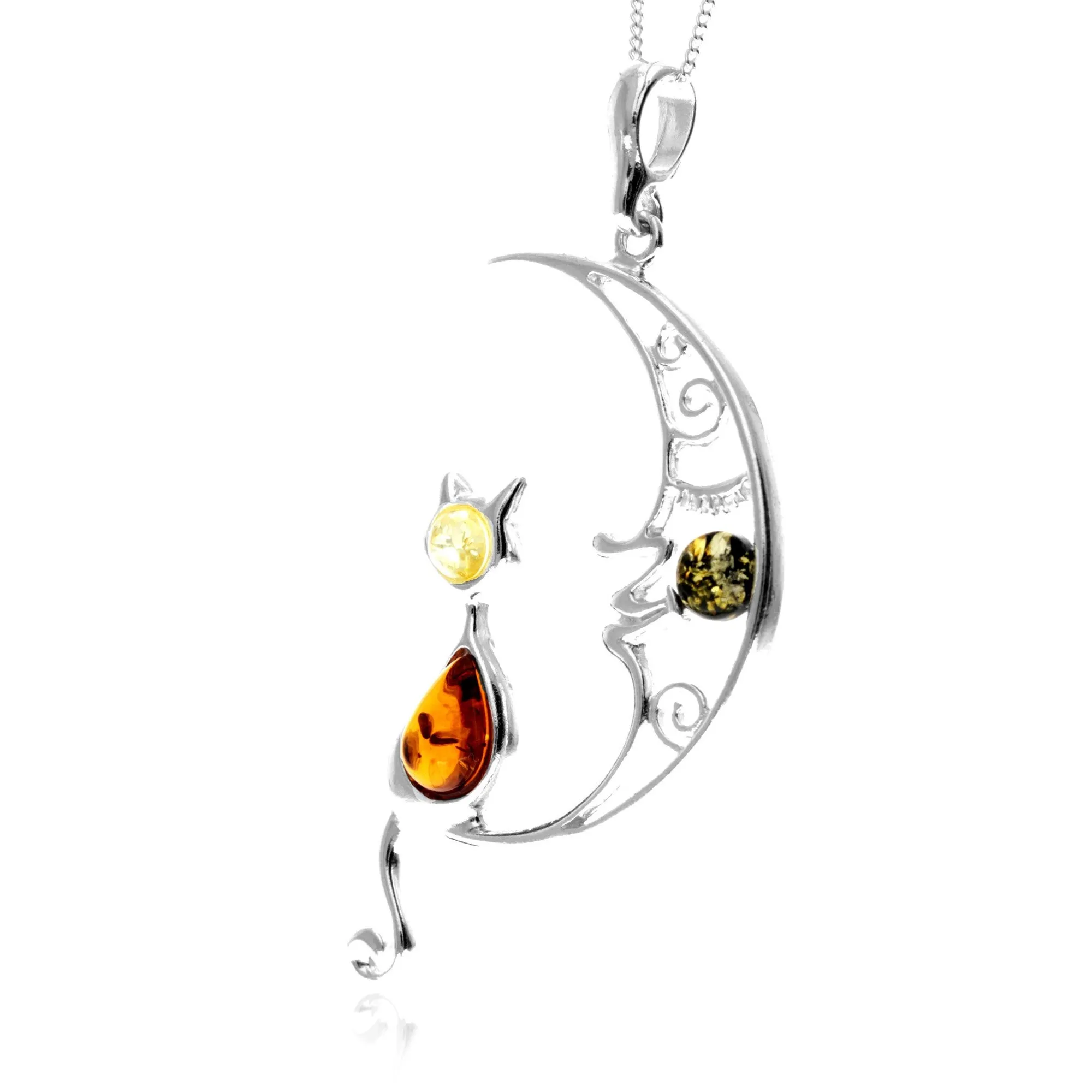 925 Sterling Silver & Genuine Baltic Amber Cat on the Moon Large Pendant - AP14