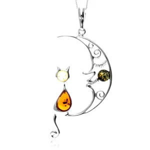 925 Sterling Silver & Genuine Baltic Amber Cat on the Moon Large Pendant - AP14
