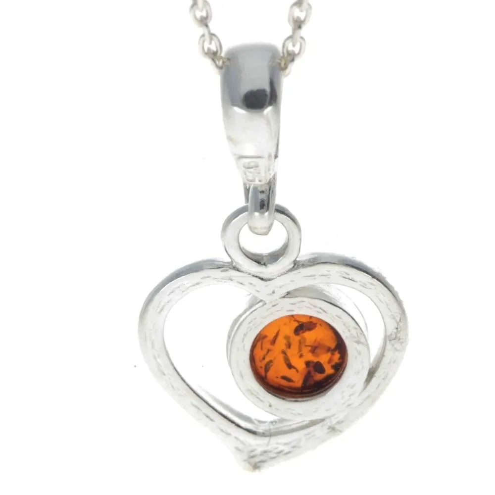 925 Sterling Silver & Genuine Baltic Amber Classic Heart Pendant - 1674