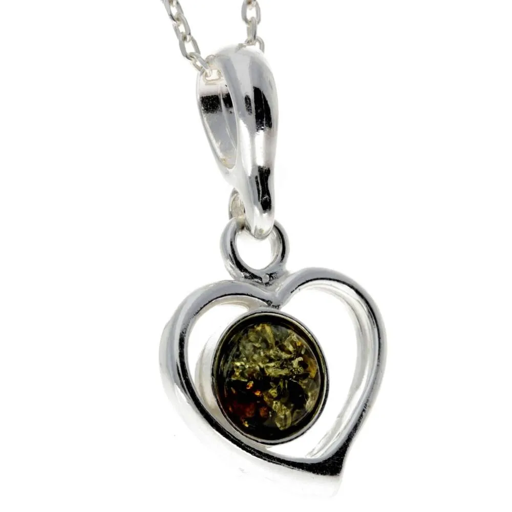 925 Sterling Silver & Genuine Baltic Amber Classic Heart Pendant - 1674