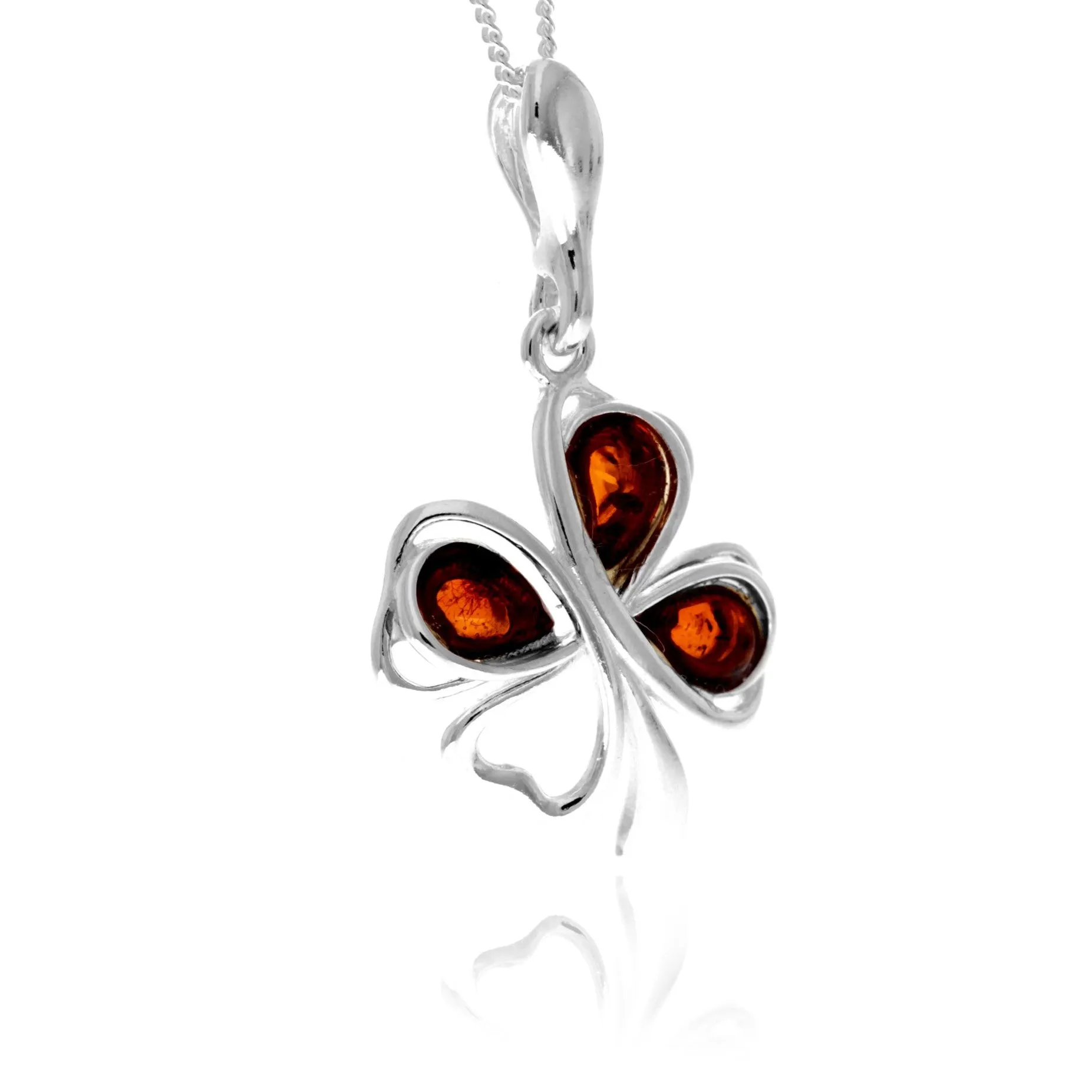 925 Sterling Silver & Genuine Baltic Amber Lucky Clover Pendant - GL2073