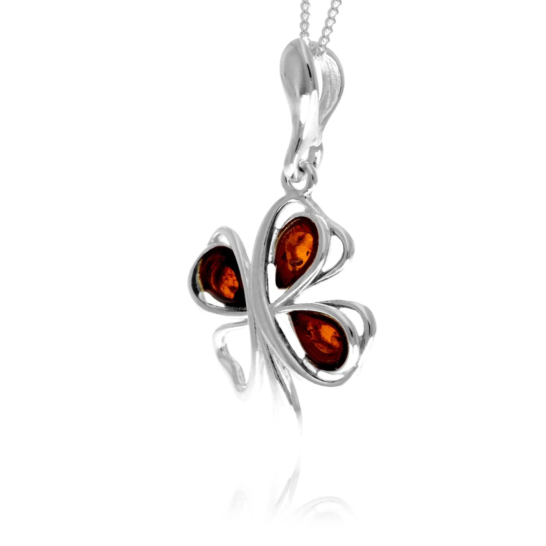 925 Sterling Silver & Genuine Baltic Amber Lucky Clover Pendant - GL2073