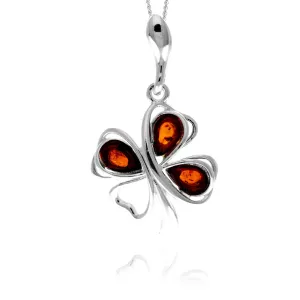 925 Sterling Silver & Genuine Baltic Amber Lucky Clover Pendant - GL2073