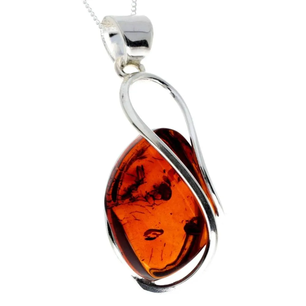 925 Sterling Silver & Genuine Cognac Baltic Amber Exlusive Unique Pendant - PD2267