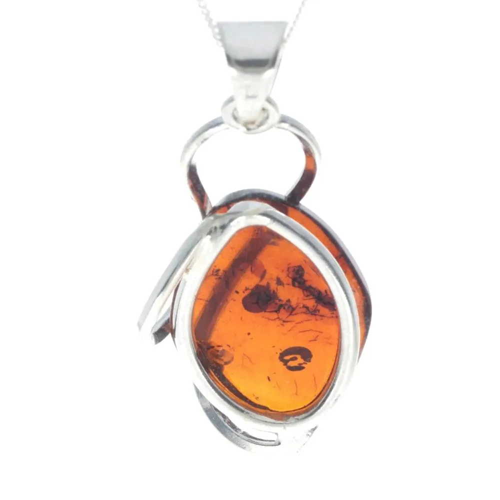 925 Sterling Silver & Genuine Cognac Baltic Amber Exlusive Unique Pendant - PD2267