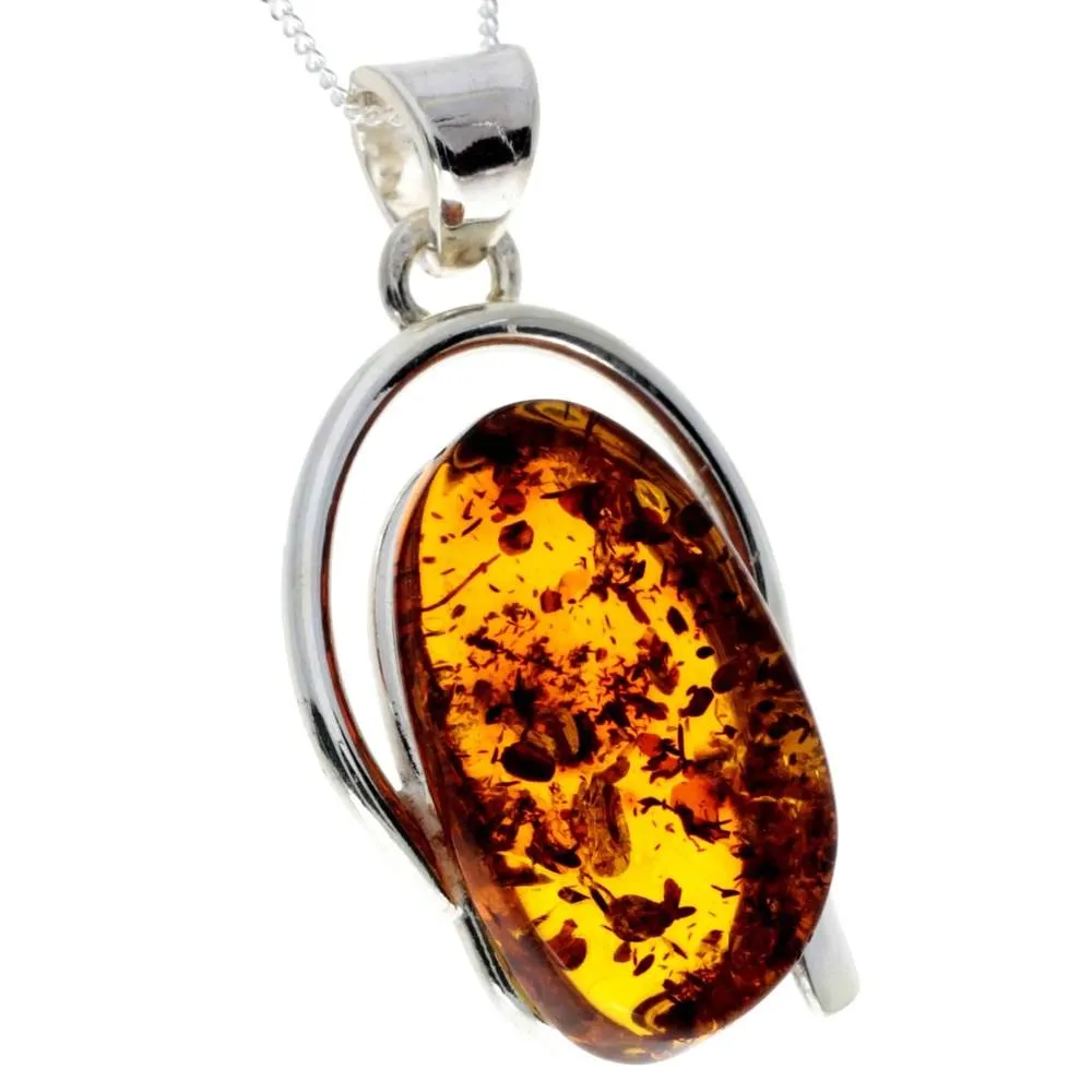 925 Sterling Silver & Genuine Cognac Baltic Amber Exlusive Unique Pendant - PD2271