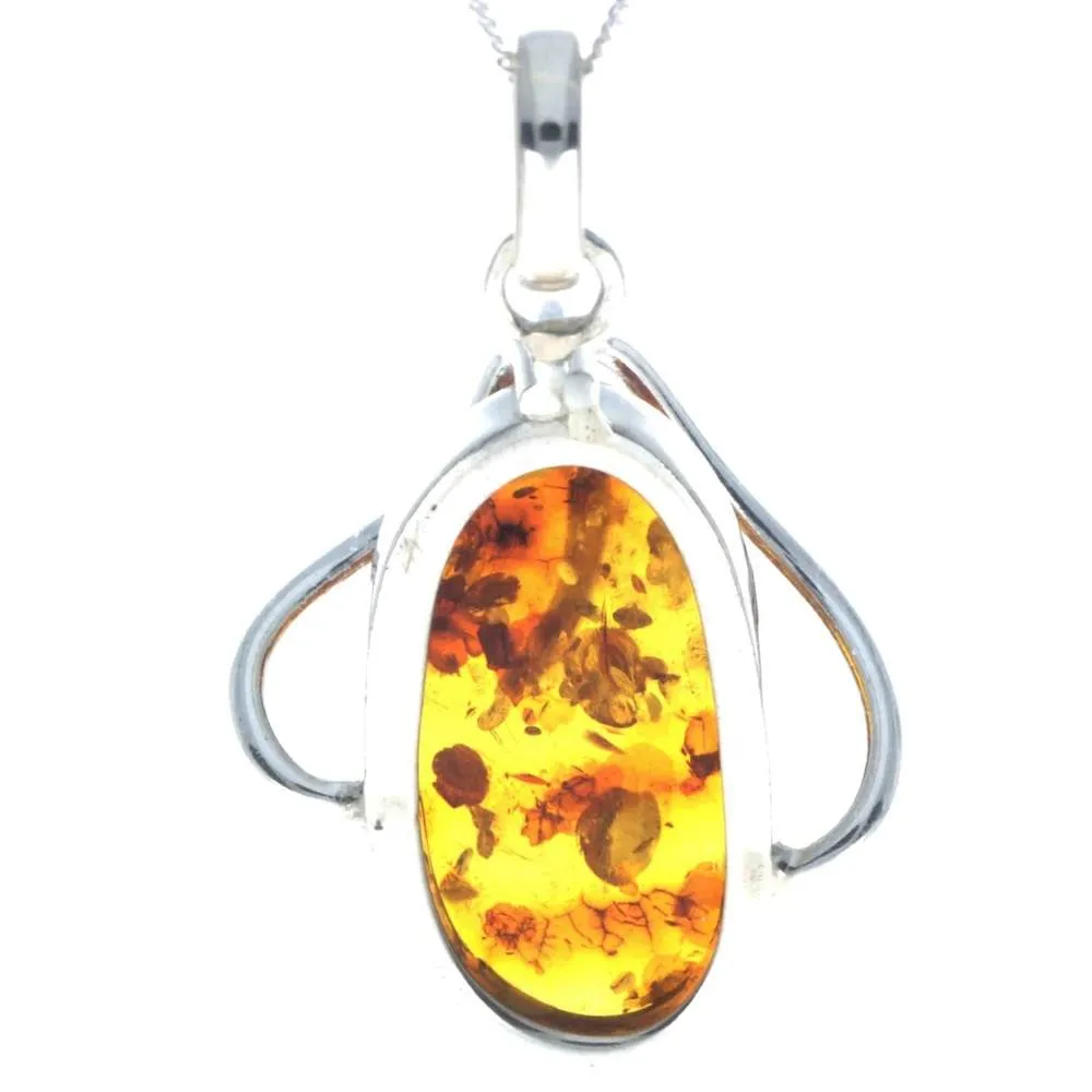 925 Sterling Silver & Genuine Cognac Baltic Amber Exlusive Unique Pendant - PD2309