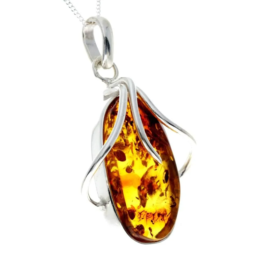 925 Sterling Silver & Genuine Cognac Baltic Amber Exlusive Unique Pendant - PD2309