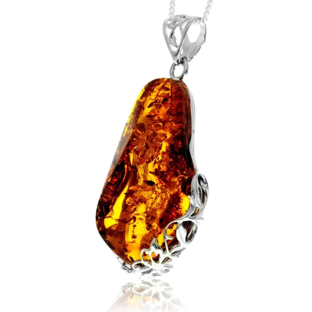 925 Sterling Silver & Genuine Cognac Baltic Amber Exlusive Unique Pendant - PD2430
