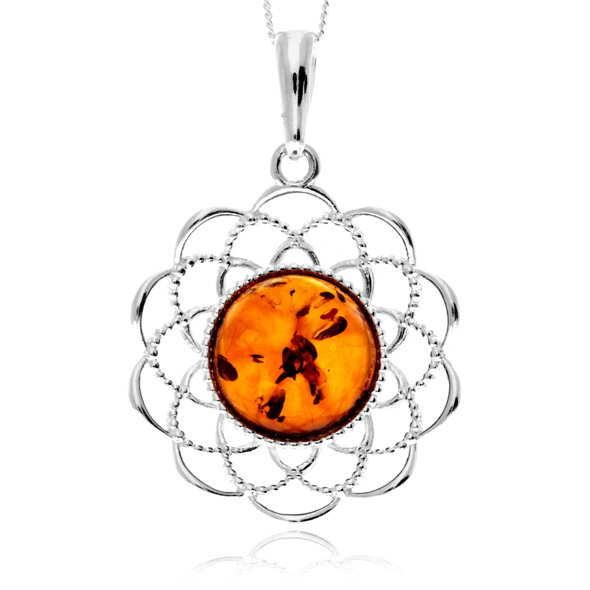 925 Sterling Silver & Genuine Round Baltic Amber Celtic Large Pendant - AP12