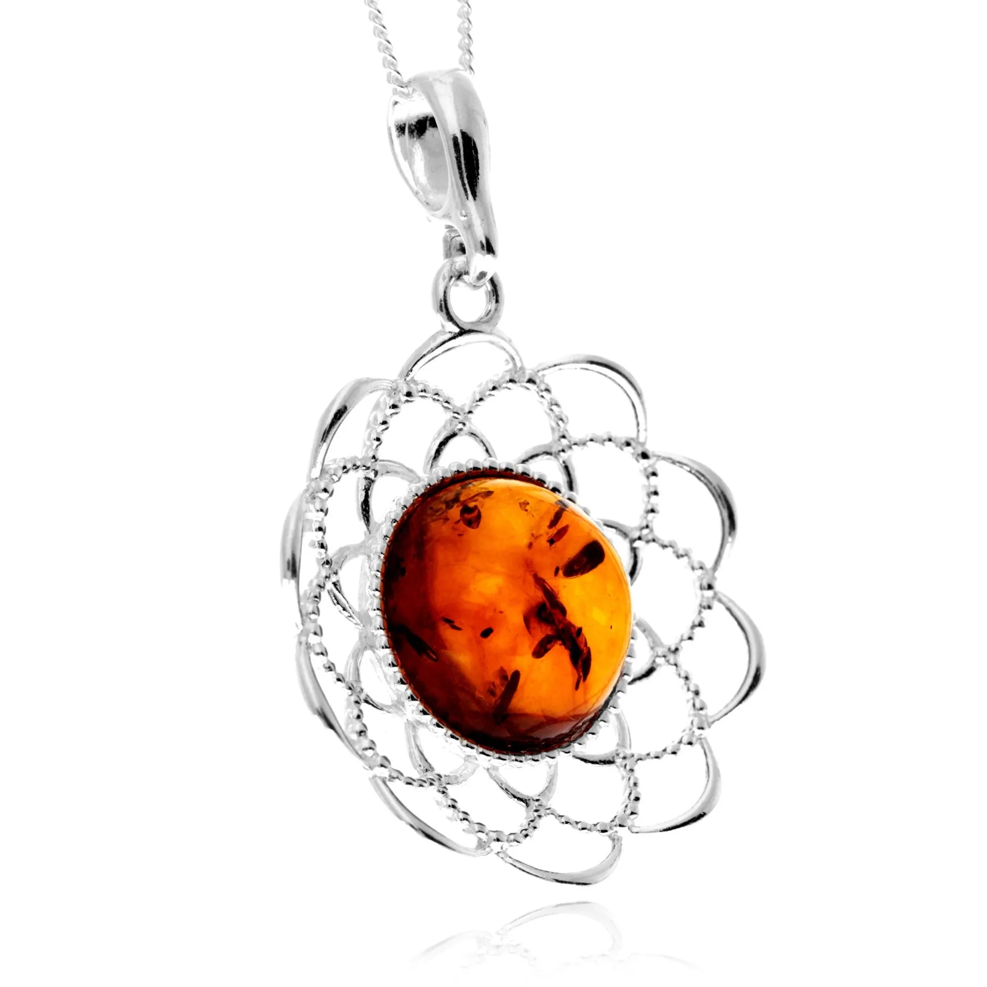 925 Sterling Silver & Genuine Round Baltic Amber Celtic Large Pendant - AP12