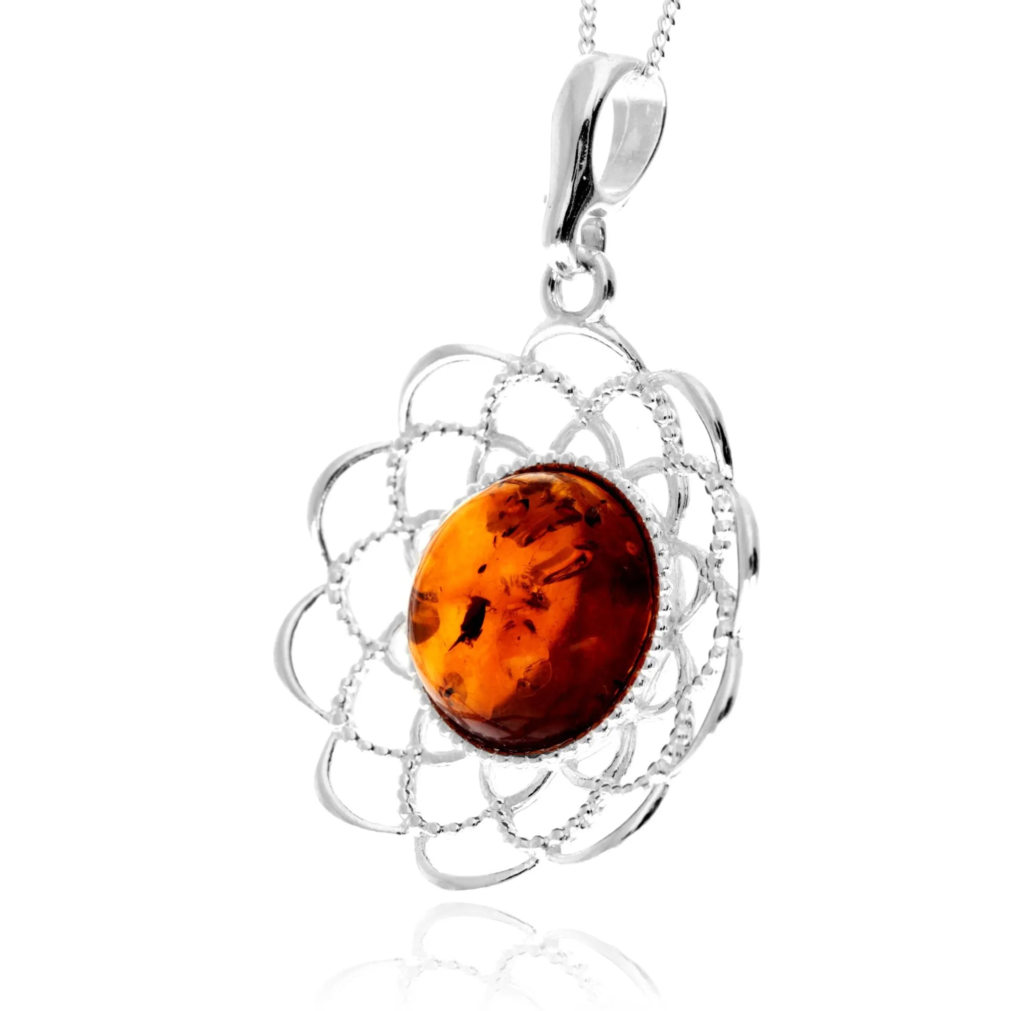 925 Sterling Silver & Genuine Round Baltic Amber Celtic Large Pendant - AP12