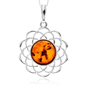 925 Sterling Silver & Genuine Round Baltic Amber Celtic Large Pendant - AP12